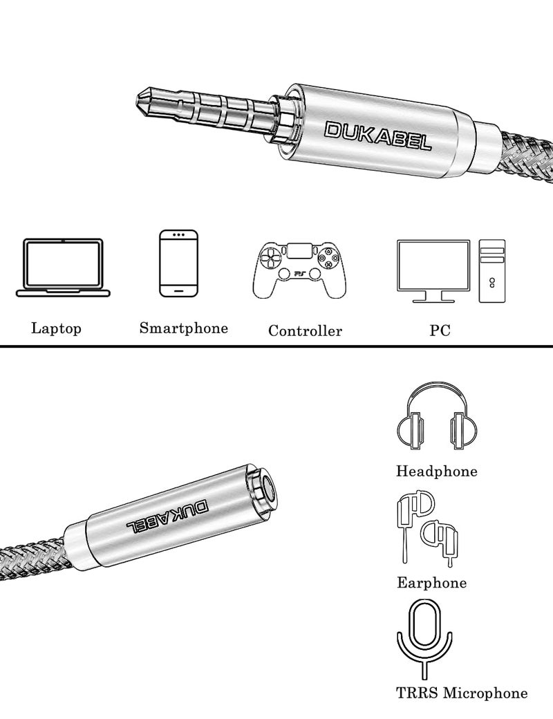 DUKABEL كابل تمديد سماعة دكابل، كابل تمديد سماعة 3.5 مم TRRS مع ميكروفون ذكر إلى أنثى للصوت الاستيريو للهواتف الذكية، الكمبيوتر، التلفاز، سماعات الرأس، وحدة تحكم PS4، السيارة، مكبر الصوت إلخ. (4 قدم/1.2 متر) - Image 2